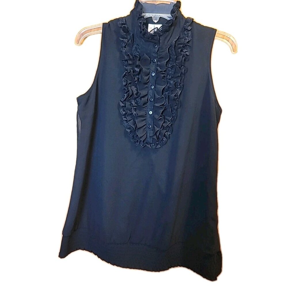 Adiva Ruffle Collar Lapel Top Sz S Black Sleveless Pullover Button Elastic Waist